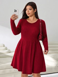 Solflare Women's Plus Size Long Sleeve Minimalist Dress - Burgundy - View 3