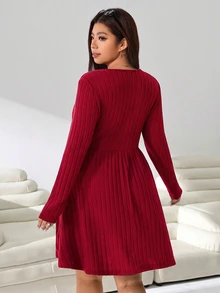 Solflare Women's Plus Size Long Sleeve Minimalist Dress - Burgundy - View 2