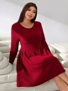 Solflare Women's Plus Size Long Sleeve Minimalist Dress - Burgundy - View 4