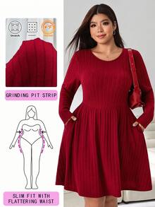 Solflare Women's Plus Size Long Sleeve Minimalist Dress - Burgundy - View 1