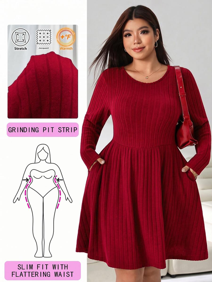 Solflare Women's Plus Size Long Sleeve Minimalist Dress - Burgundy - View 1