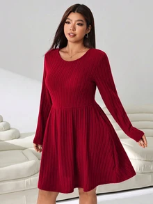 Solflare Women's Plus Size Long Sleeve Minimalist Dress - Burgundy - View 7