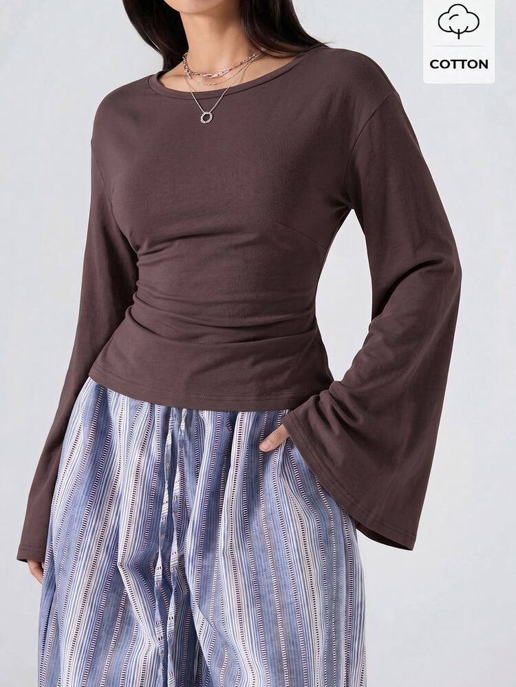 LYSMO Women Plus Size Boat Neck Long Sleeve Chocolate Brown Casual T-Shirt Fall Going Out Beach Club - Chocolate Brown - View 2