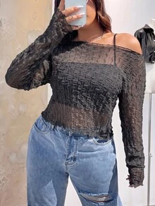 SHEIN EZwear 深灰色大尺碼女款不對稱肩長袖時尚上衣 - 深灰色 - 查看 4