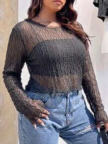 SHEIN EZwear 深灰色大尺碼女款不對稱肩長袖時尚上衣 - 深灰色 - 查看 5