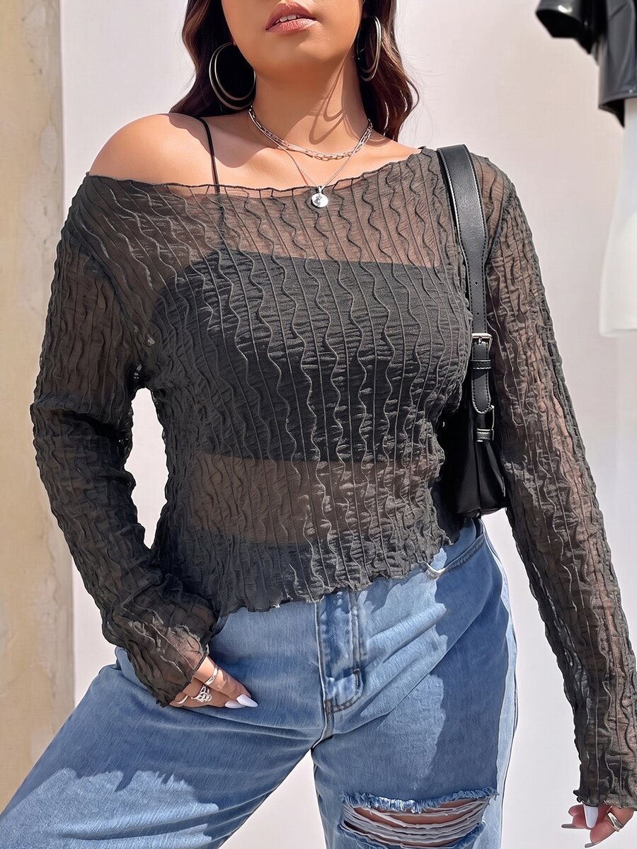 SHEIN EZwear 深灰色大尺碼女款不對稱肩長袖時尚上衣 - 深灰色 - 查看 1