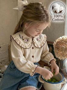 SHEIN Vintaside Kids Baby Girls' Cotton Floral Embroidered Blouse, Ruffle Long Sleeve Top With Turn-Down Collar & Button Front, Cute Vintage Style For Spring/Fall - Khaki - View 1