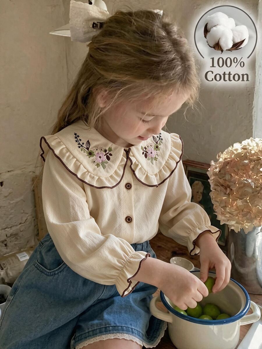 SHEIN Vintaside Kids Baby Girls' Cotton Floral Embroidered Blouse, Ruffle Long Sleeve Top With Turn-Down Collar & Button Front, Cute Vintage Style For Spring/Fall - Khaki - View 1