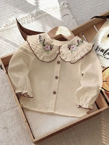 SHEIN Vintaside Kids Baby Girls' Cotton Floral Embroidered Blouse, Ruffle Long Sleeve Top With Turn-Down Collar & Button Front, Cute Vintage Style For Spring/Fall - Khaki - View 4