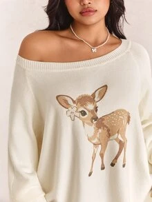 CovetEZ Autumn/Winter New Christmas Deer Casual Asymmetrical Collar Plus Size Pullover Sweater Fall - Multicolor - View 4