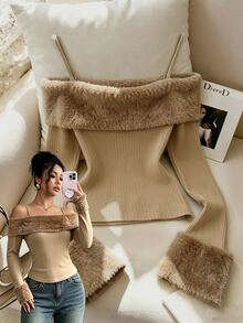 Rafferiza Women's Plush Patchwork Slim Fit Versatile Casual Daily Top - Khaki - View 1