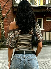 Rovax Women's Street Style Striped Colorblock Asymmetrical Shoulder Short Sleeve Top - Brown - View 2