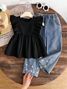 SHEIN Genkimix Kids Girls Cute Minimalist Casual Ruffle Sleeveless Blouse And Fashionable Beaded Denim Jeans 2 Pieces Set School Back To School Clothes Girls Fall Clothes - Black - View 2