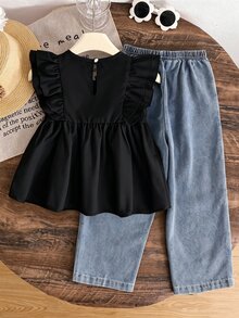SHEIN Genkimix Kids Girls Cute Minimalist Casual Ruffle Sleeveless Blouse And Fashionable Beaded Denim Jeans 2 Pieces Set School Back To School Clothes Girls Fall Clothes - Black - View 3