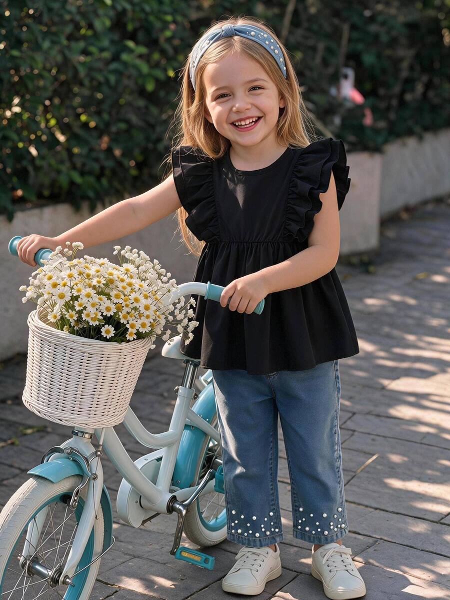 SHEIN Genkimix Kids Girls Cute Minimalist Casual Ruffle Sleeveless Blouse And Fashionable Beaded Denim Jeans 2 Pieces Set School Back To School Clothes Girls Fall Clothes - Black - View 1