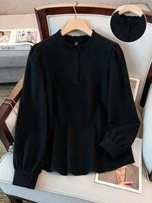 EMERY ROSE CURVE Plus Size Black Textured Frill Trim Round Neck Long Sleeve Blouse Women, Half Button Front Loose Fit Flattering Commuter Shirt, Popular Long Sleeve - Black - View 5