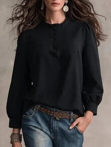 EMERY ROSE CURVE Plus Size Black Textured Frill Trim Round Neck Long Sleeve Blouse Women, Half Button Front Loose Fit Flattering Commuter Shirt, Popular Long Sleeve - Black - View 3
