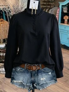 EMERY ROSE CURVE Plus Size Black Textured Frill Trim Round Neck Long Sleeve Blouse Women, Half Button Front Loose Fit Flattering Commuter Shirt, Popular Long Sleeve - Black - View 1