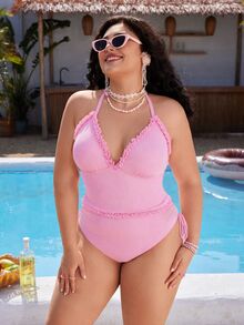 Swim Mod Plus Size Women's Sweet Cute Minimalist Beach Vacation Pink Special Fabric Lace Adjustable Strap Two Pieces Tank Bikini Summer - Pink - View 4