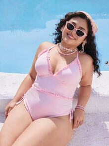 Swim Mod Plus Size Women's Sweet Cute Minimalist Beach Vacation Pink Special Fabric Lace Adjustable Strap Two Pieces Tank Bikini Summer - Pink - View 3