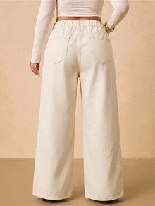 SHEIN Tall CURVE 大尺碼女款高腰口袋寬腿寬鬆休閒牛仔褲 秋冬 正式商務時尚 基本款 哥德風 萬聖節聖誕節慶典 - 卡其色 - 查看 3