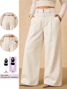 SHEIN Tall CURVE 大尺碼女款高腰口袋寬腿寬鬆休閒牛仔褲 秋冬 正式商務時尚 基本款 哥德風 萬聖節聖誕節慶典 - 卡其色 - 查看 2
