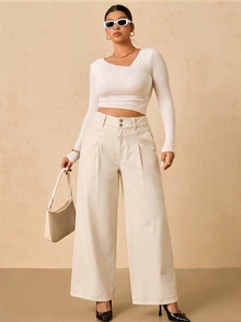 SHEIN Tall CURVE 大尺碼女款高腰口袋寬腿寬鬆休閒牛仔褲 秋冬 正式商務時尚 基本款 哥德風 萬聖節聖誕節慶典 - 卡其色 - 查看 5