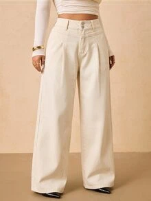 SHEIN Tall CURVE 大尺碼女款高腰口袋寬腿寬鬆休閒牛仔褲 秋冬 正式商務時尚 基本款 哥德風 萬聖節聖誕節慶典 - 卡其色 - 查看 4