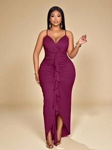 KIORVELLA Plus Size Magenta Summer Elegant Sexy Dress, Ruffle Edge Sleeveless Strap Wedding Theme Party Dinner Evening Party Prom Wedding Wedding Halloween - Burgundy - View 2