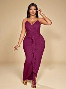 KIORVELLA Plus Size Magenta Summer Elegant Sexy Dress, Ruffle Edge Sleeveless Strap Wedding Theme Party Dinner Evening Party Prom Wedding Wedding Halloween - Burgundy - View 3