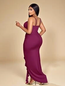KIORVELLA Plus Size Magenta Summer Elegant Sexy Dress, Ruffle Edge Sleeveless Strap Wedding Theme Party Dinner Evening Party Prom Wedding Wedding Halloween - Burgundy - View 4