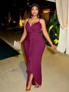 KIORVELLA Plus Size Magenta Summer Elegant Sexy Dress, Ruffle Edge Sleeveless Strap Wedding Theme Party Dinner Evening Party Prom Wedding Wedding Halloween - Burgundy - View 1