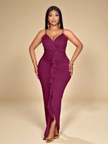 KIORVELLA Plus Size Magenta Summer Elegant Sexy Dress, Ruffle Edge Sleeveless Strap Wedding Theme Party Dinner Evening Party Prom Wedding Wedding Halloween - Burgundy - View 5