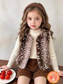 Jaket Rompi Motif Leopard Berbahan Fleece Tebal dan Modis untuk Anak Perempuan, Cocok untuk Aktivitas Luar Ruangan Musim Gugur/Musim Dingin, Sehari-hari, dan Pesta. - Coklat - View 1