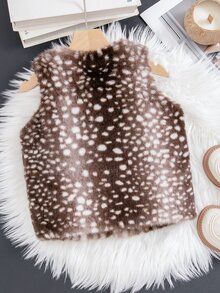 女童加厚抓絨豹紋毛領背心外套，適合秋冬戶外、日常、派對穿著 - 棕色 - 查看 2