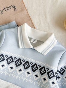 Souflis Souflis 2件組男嬰 Polo 衛衣長褲套裝，學院風可愛天藍色菱格紋印花，羅紋長袖 Polo 領，標準版型，生日秋季假期紳士風 - 淺藍色 - 查看 6