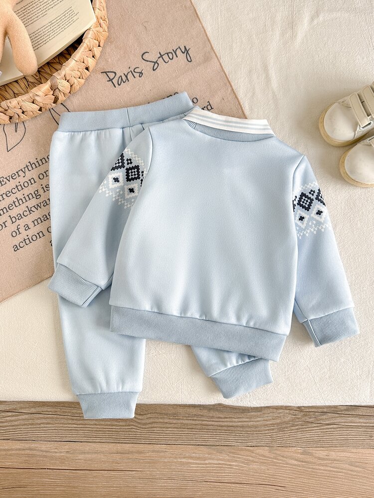 Souflis Souflis 2pcs Baby Boy Polo Sweatshirt Pants Preppy Cute Sky Blue Argyle Print Ribbed Long Sleeve Polo Collar Regular Birthday Fall Holiday Gentleman - Baby Blue - View 2