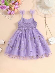 SHEIN Glamorique Kids 小女孩3D立体花朵网纱吊带公主裙，适合节日、婚礼、度假、夏季穿着 - 紫色 - 查看 2