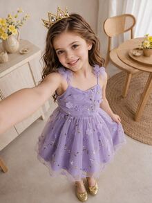 SHEIN Glamorique Kids 小女孩3D立体花朵网纱吊带公主裙，适合节日、婚礼、度假、夏季穿着 - 紫色 - 查看 1
