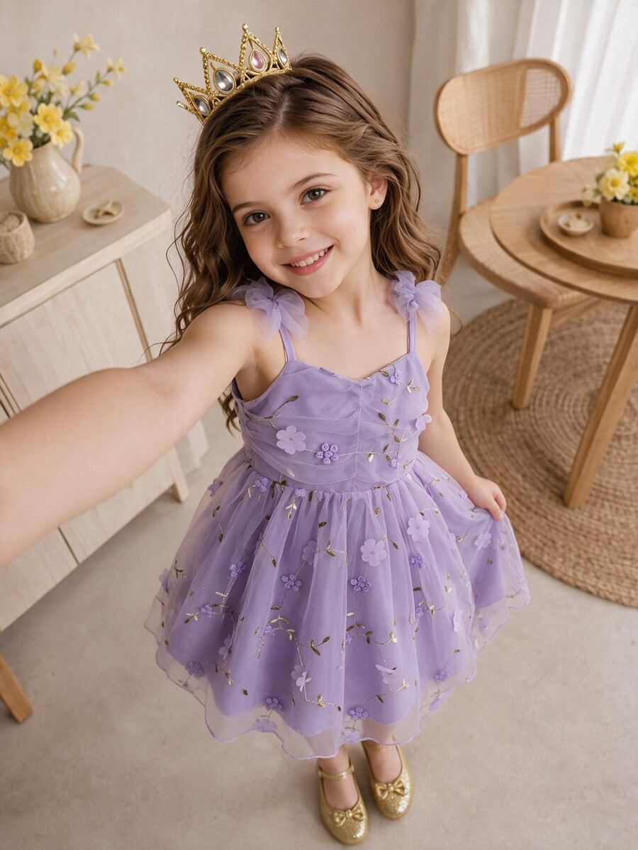 SHEIN Glamorique Kids 小女孩3D立体花朵网纱吊带公主裙,适合节日、婚礼、度假、夏季穿着 - 紫色 - 查看 1