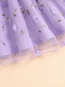 SHEIN Glamorique Kids 小女孩3D立体花朵网纱吊带公主裙，适合节日、婚礼、度假、夏季穿着 - 紫色 - 查看 6