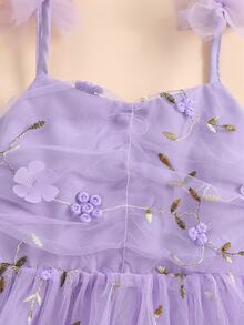 SHEIN Glamorique Kids 小女孩3D立体花朵网纱吊带公主裙，适合节日、婚礼、度假、夏季穿着 - 紫色 - 查看 5