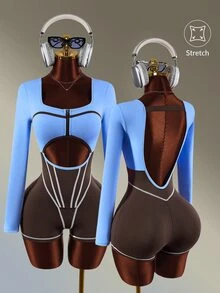 Amplova رومبير رياضي نسائي بأكمام طويلة وتصميم فتحات وسحاب أمامي وألوان متباينة - بني - مشاهدة 1