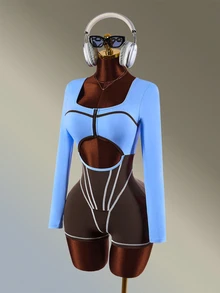 Amplova رومبير رياضي نسائي بأكمام طويلة وتصميم فتحات وسحاب أمامي وألوان متباينة - بني - مشاهدة 3