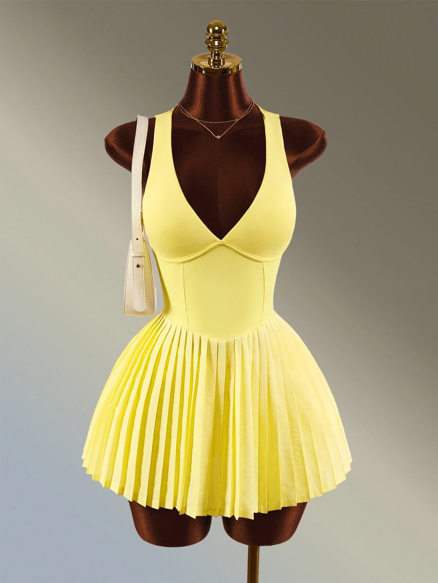 Amplova Women's Minimalist Pleated Sports Dress With Shorts Set - Yellow - View 1