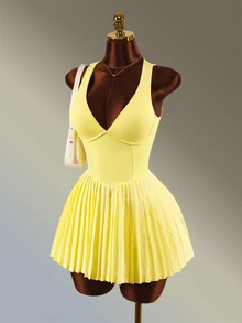 Amplova Women's Minimalist Pleated Sports Dress With Shorts Set - Yellow - View 2