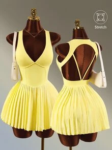 Amplova Women's Minimalist Pleated Sports Dress With Shorts Set - Yellow - View 4