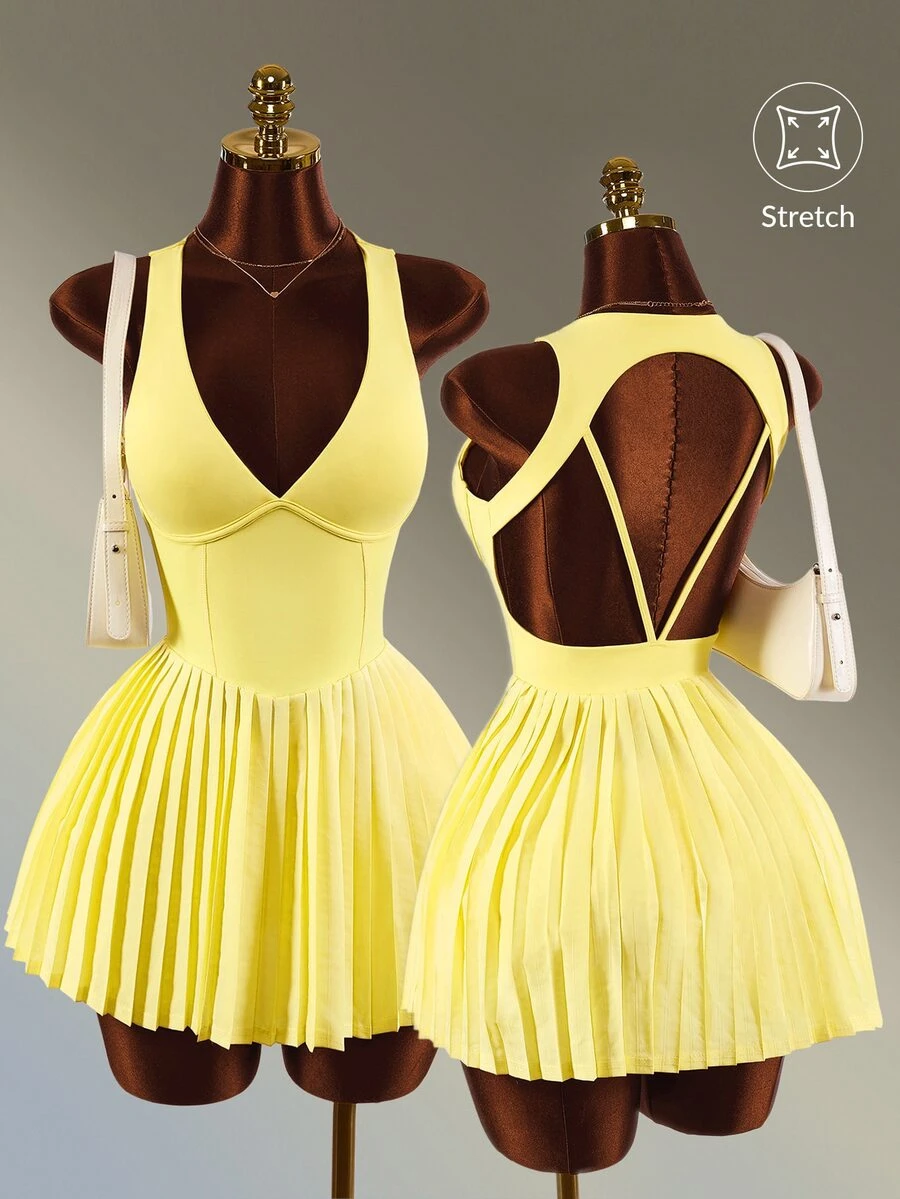 Amplova Women's Minimalist Pleated Sports Dress With Shorts Set - Yellow - View 1