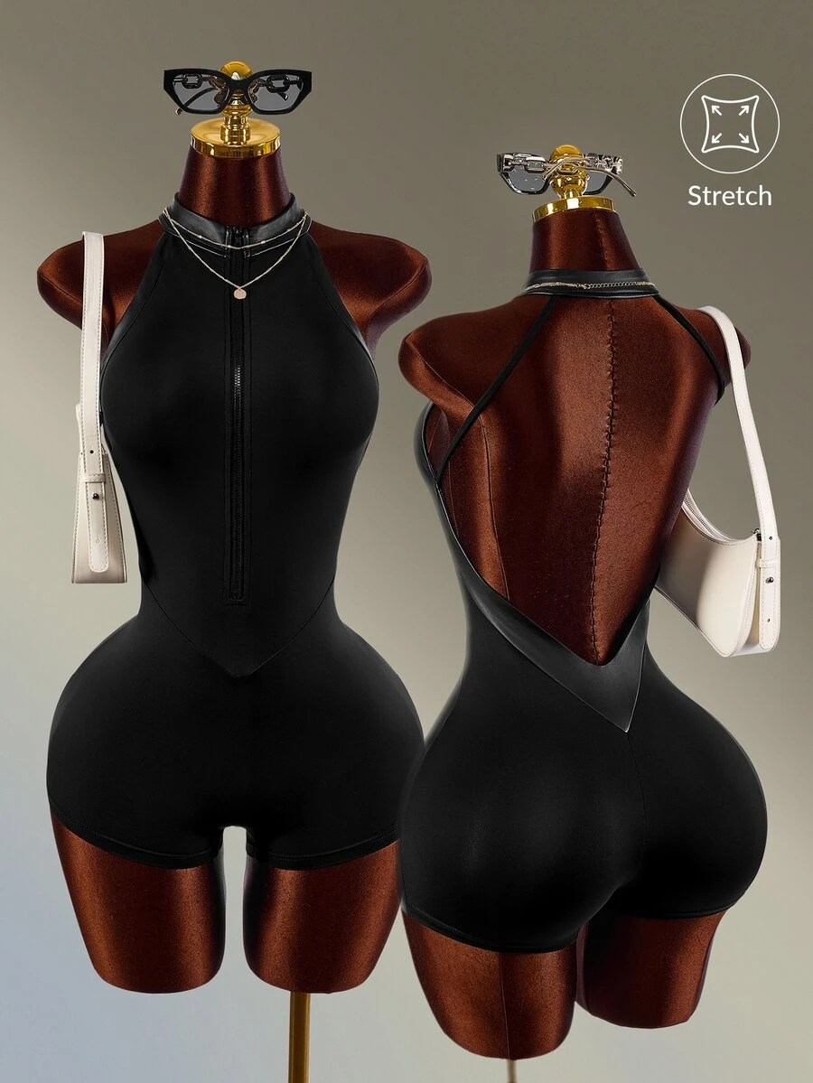 Amplova Rompi Olahraga Wanita Warna Polos dengan Resleting Depan dan Bagian Belakang Terbuka Model Halter Neck - Hitam dan Putih - View 1