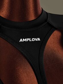 Amplova Women's Letter Print Cutout Long Sleeve Sports Romper With Bra - Black - View 7